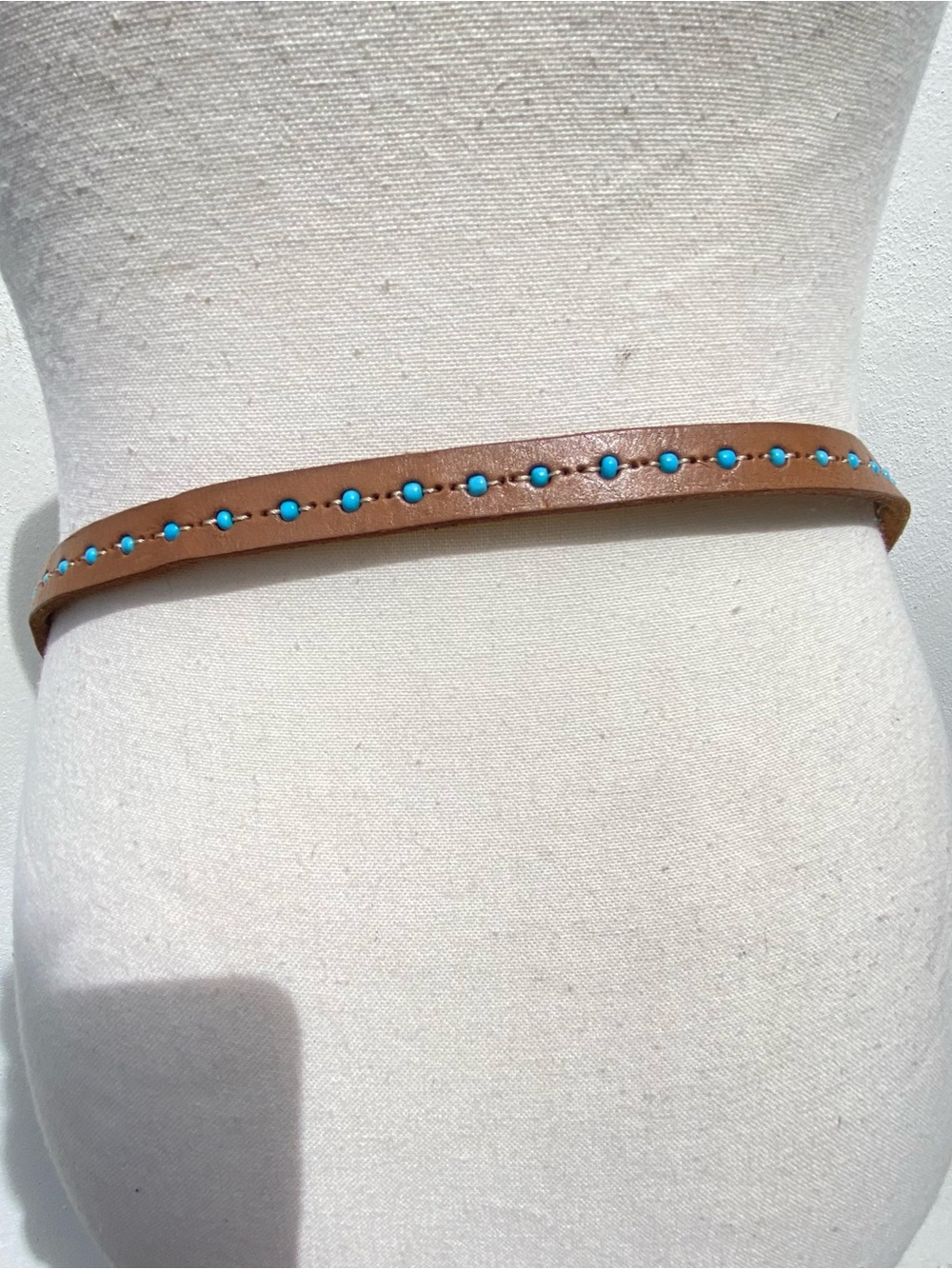 Tan & Turquoise Bead Genuine Leather Skinny Belt Size XL - Picture 4 of 6
